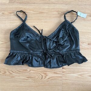 Aerie dark gray silky lace detail tie front bralette with ruffle trim NWT